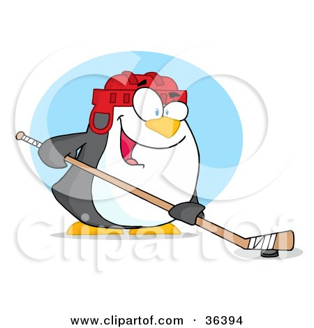 Clipart Illustration of a Sporty Penguin Playing Ice Hockey by Hit Toon