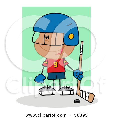 Clipart Illustration of a Happy Hispanic Hockey Goalie Boy With A Puck And Stick by Hit Toon