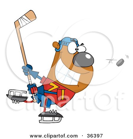 Clipart Illustration of a Grinning Bear Playing Ice Hockey by Hit Toon