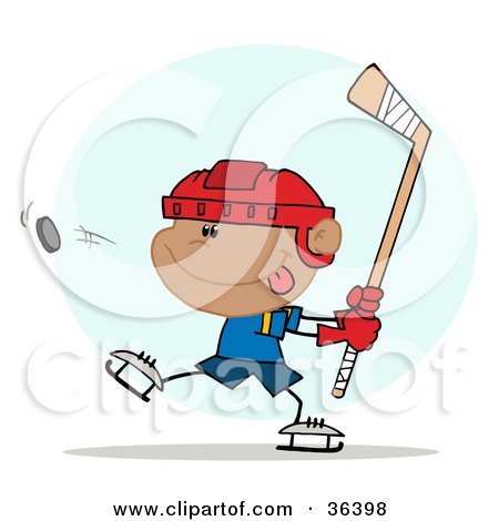 Clipart Illustration of an Athletic Hispanic Boy Preparing To Whack A Hockey Puck by Hit Toon