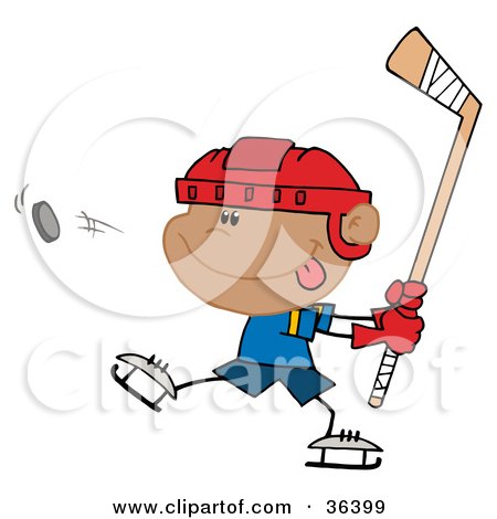 Clipart Illustration of a Boy Sticking His Tongue Out And Hitting A Hockey Puc by Hit Toon