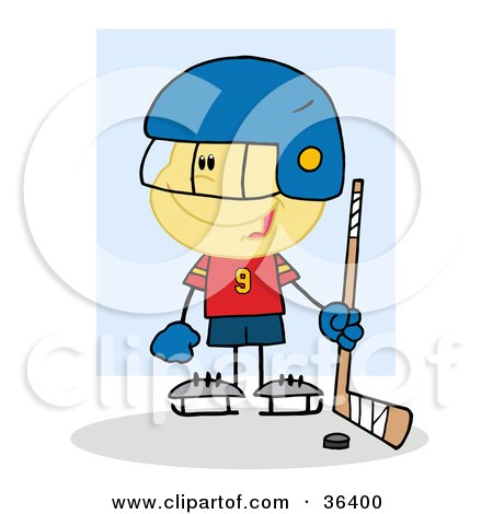 Clipart Illustration of a Hockey Goalie Caucasian Boy With A Puck And Stick by Hit Toon
