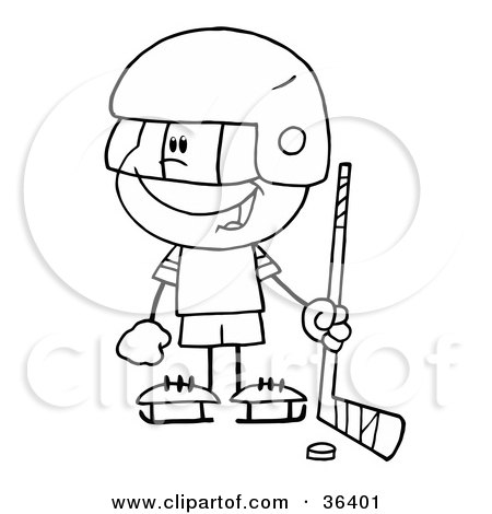 Clipart Illustration of a Black And White Outline Of A Little Boy Playing A Hockey Goalie by Hit Toon