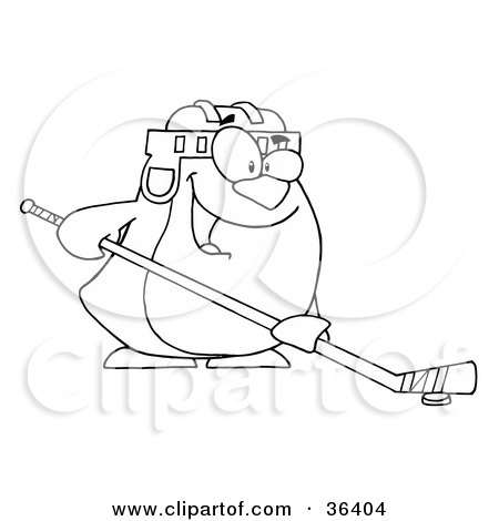 Clipart Illustration of a Black And White Outline Of A Penguin Playing Ice Hockey by Hit Toon