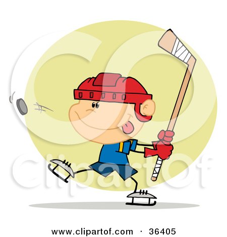 Clipart Illustration of an Athletic Caucasian Boy Preparing To Whack A Hockey Puck by Hit Toon