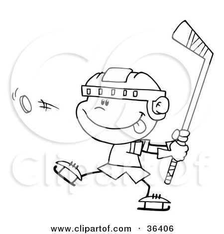 Clipart Illustration of a Black And White Outline Of A Caucasian Boy Preparing To Whack A Hockey Puck by Hit Toon