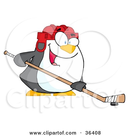 Clipart Illustration of a Happy Penguin Playing Ice Hockey by Hit Toon