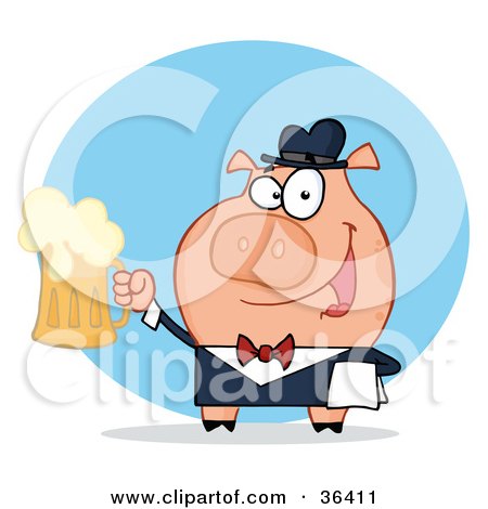 Clipart Illustration of a Happy Waiter Pig Waiter Holding Up A Mug Of Frothy Beer by Hit Toon
