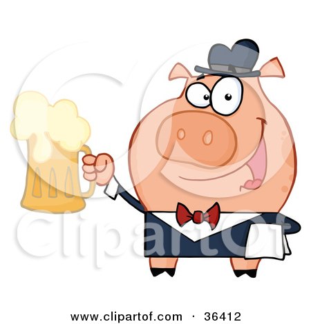 Clipart Illustration of a Friendly Pig Waiter Serving A Mug Of Frothy Beer by Hit Toon