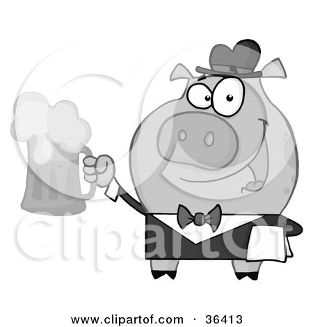 Clipart Illustration of a Black And White Waiter Pig Serving A Mug Of Frothy Beer by Hit Toon