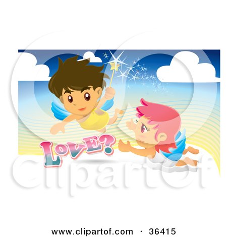 Clipart Illustration of a Male And Female Angel With A Magic Wand, Flying In The Sky by NoahsKnight