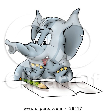Clipart Illustration of a Distracted Gray Elephant Resting His Arms On A Table Over Homework, Looking Left by dero