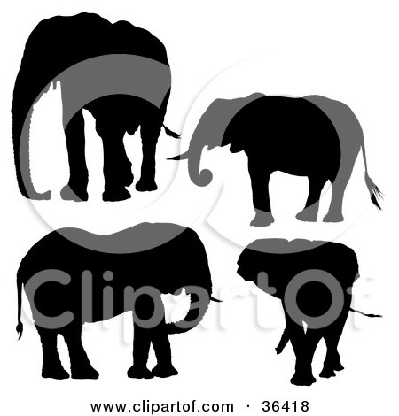 Clipart Illustration of Four Black Silhouetted Elephants by dero