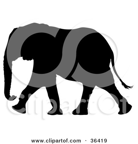 Clipart Illustration of a Black Silhouetted Adult Elephant in Profile, Walking Left by dero