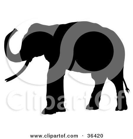 Clipart Illustration of a Profiled Black Silhouetted Adult Elephant Facing Left by dero