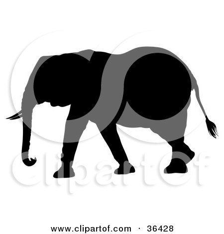 Clipart Illustration of a Black Silhouetted Adult Elephant Walking Left by dero