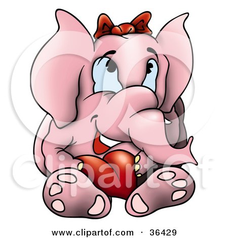 Clipart Illustration of a Pink Elephant Wearing A Bow And Holding A Red Heart by dero