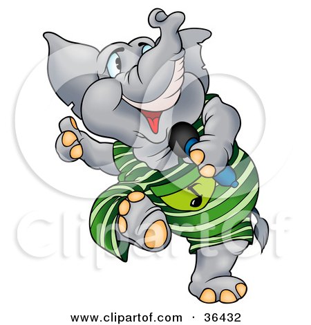 Clipart Illustration of a Talented Gray Elephant In Green, Dancing And Singing In A Microphone by dero