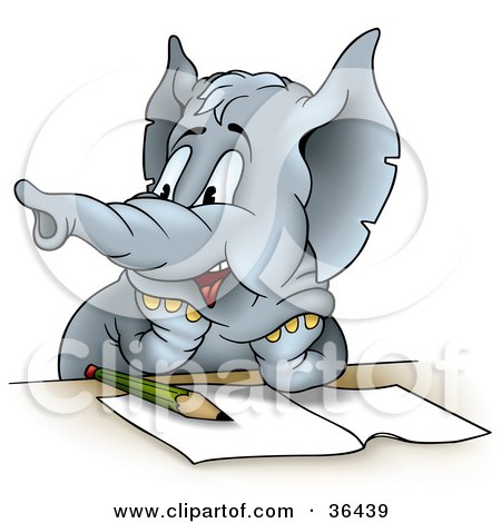 Clipart Illustration of a Gray Elephant Student Resting His Arms On A Table Over Homework, Looking Left While Being Distracted by dero