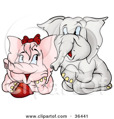 Clipart Illustration of a Gray Elephant Kneeling Down To A Pink Elephant With A Heart by dero