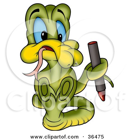 Clipart Illustration of a Green Cobra Snake With Blue Eyes, Coloring With A Red Crayon by dero
