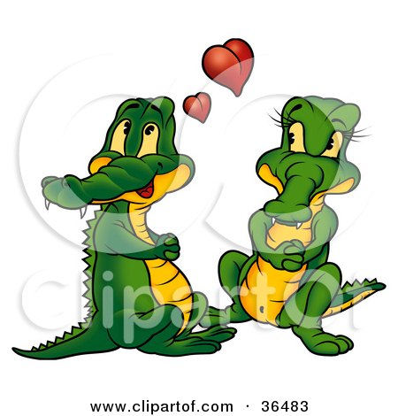 Clipart Illustration of a Sweet Crocodile Couple In Love With Red Hearts Above Them by dero