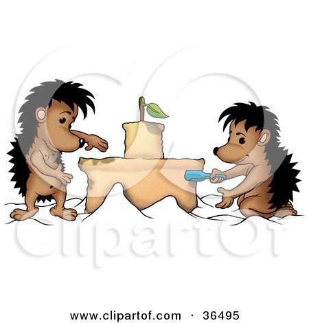 Clipart Illustration of Two Hedgehogs Making A Dirt Or Sand Castle by dero