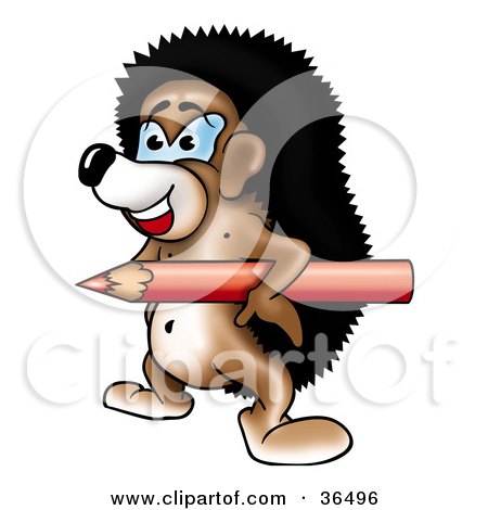 Clipart Illustration of a Hedgehog Carrying A Red Colored Pencil Under His Arm by dero