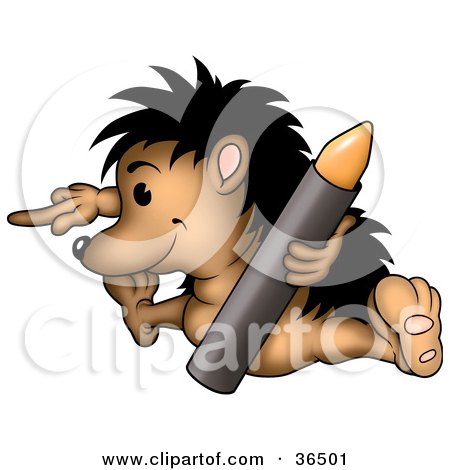 Clipart Illustration of a Hedgehog Doing The Splits, Pointing And Holding An Orange Crayon by dero