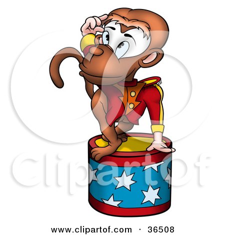 Clipart Illustration of a Circus Monkey Saluting Atop A Stool by dero