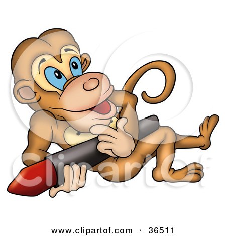 Clipart Illustration of a Creative Brown Monkey Leaning Back With A Red Crayon by dero