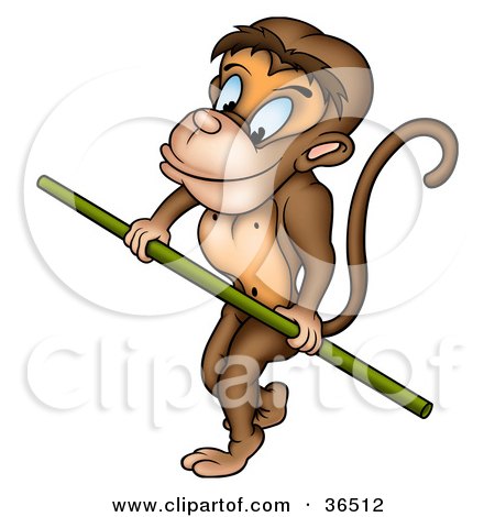 Clipart Illustration of a Circus Monkey Holding Onto A Green Pole While Walking The Tight Rope by dero