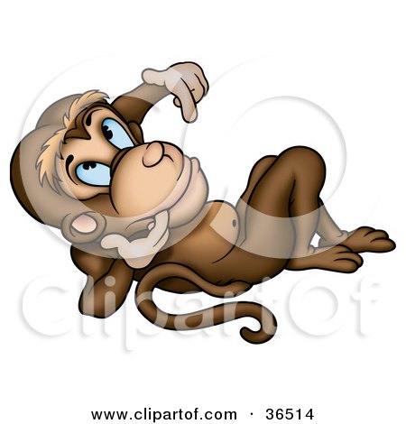 Clipart Illustration of a Brown Monkey Reclined And Daydreaming by dero