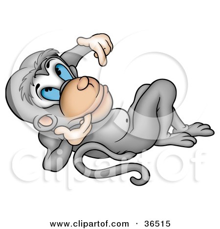 Clipart Illustration of a Gray Monkey Reclined And Daydreaming by dero