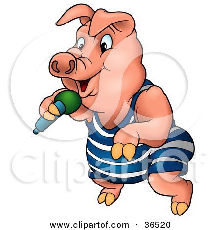 Clipart Illustration of a Pink Pig In Clothes, Dancing And Singing With A Microphone by dero
