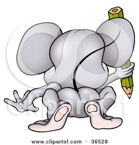 Clipart Illustration of a Gray Mouse Sticking His Butt In The Air And Coloring, As Seen From Behind by dero