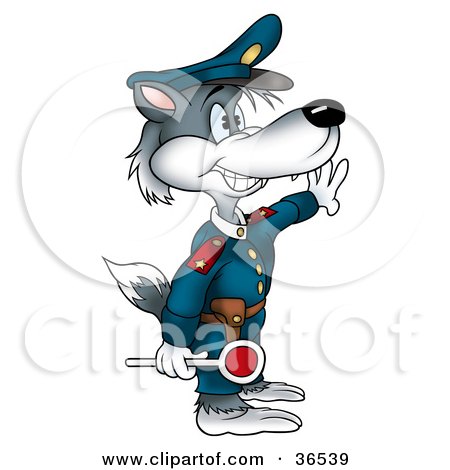 Clipart Illustration of a Gray Wolf Police Officer Directing Traffic by dero