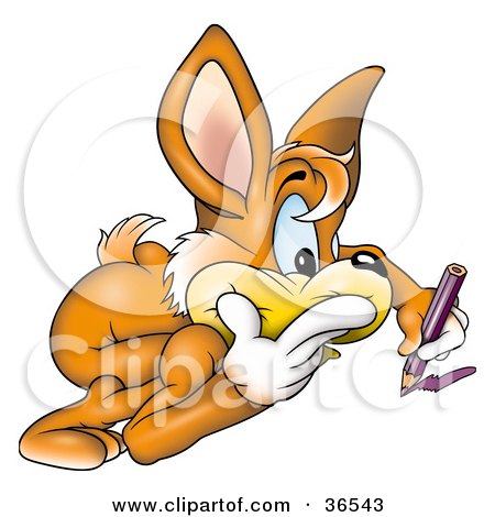 Clipart Illustration of a Focused Brown Rabbit Coloring With A Purple Colored Pencil by dero