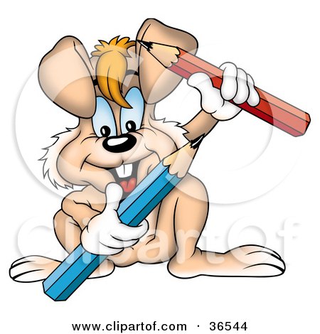 Clipart Illustration of a Brown Rabbit Holding Red And Blue Pencils by dero