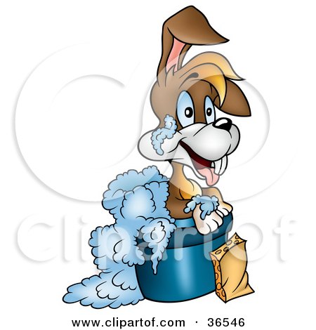 Clipart Illustration of a Happy Rabbit With A Sponge, Taking A Sudsy Bath In A Tub by dero