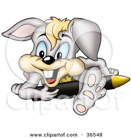 Clipart Illustration of a Creative Gray Rabbit Sitting And Leaning Over A Large Yellow Crayon by dero