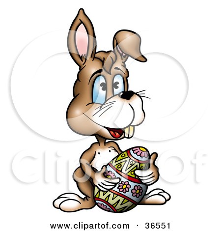 Clipart Illustration of a Happy Brown Bunny Rabbit Resting With A Colorful Easter Egg by dero