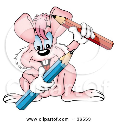 Clipart Illustration of a Pink Rabbit Holding Red And Blue Pencils by dero