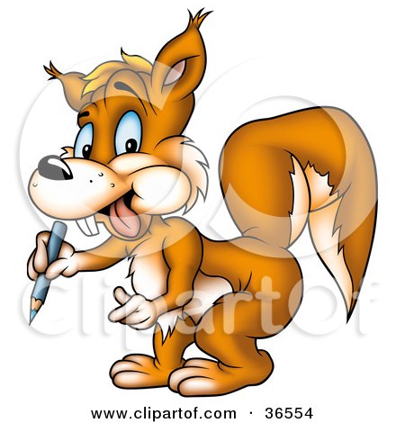 Clipart Illustration of a Creative Orange Squirrel Holding A Blue Color Pencil by dero