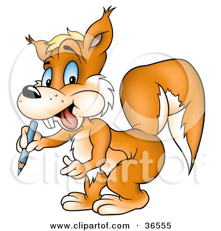 Clipart Illustration of a Coloring Orange Squirrel Holding A Blue Color Pencil by dero