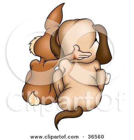 Clipart Illustration of a Brown Rabbit And Dog Huddled Together, As Seen From Behind by dero