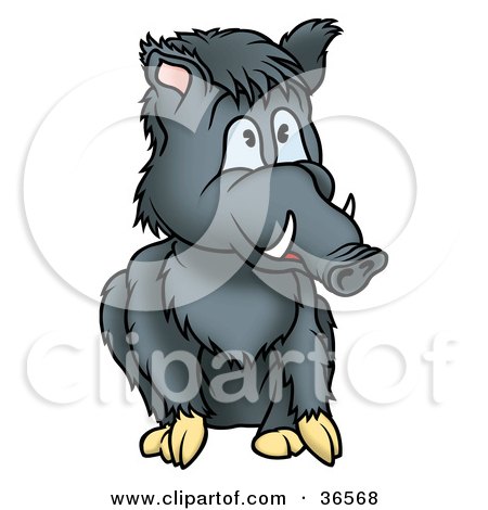 Clipart Illustration of a Seated Gray Boar With Tusks by dero