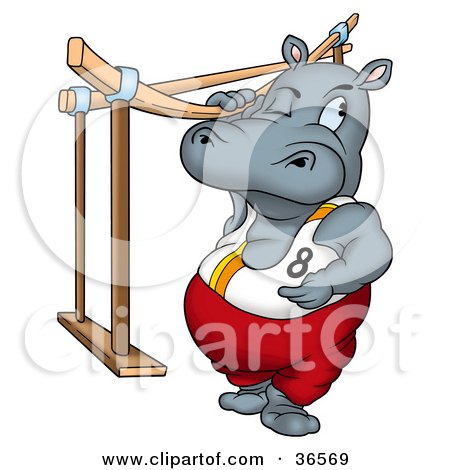 Clipart Illustration of a Sporty Hippo Gymnast Standing By The Bars by dero