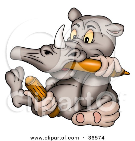 Clipart Illustration of a Goofy Rhino Sticking A Marker In His Mouth by dero