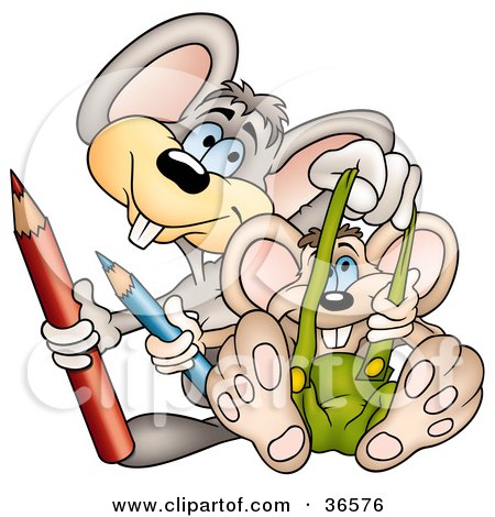 Clipart Illustration of a Couple Of Playful Mice Holding Colored Pencils by dero